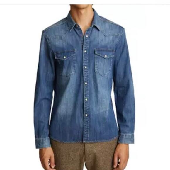 Paisley & Gray Blue Pearl Snap Denim Slim Fit Western Shirt Med Cowboy Country - Picture 1 of 13
